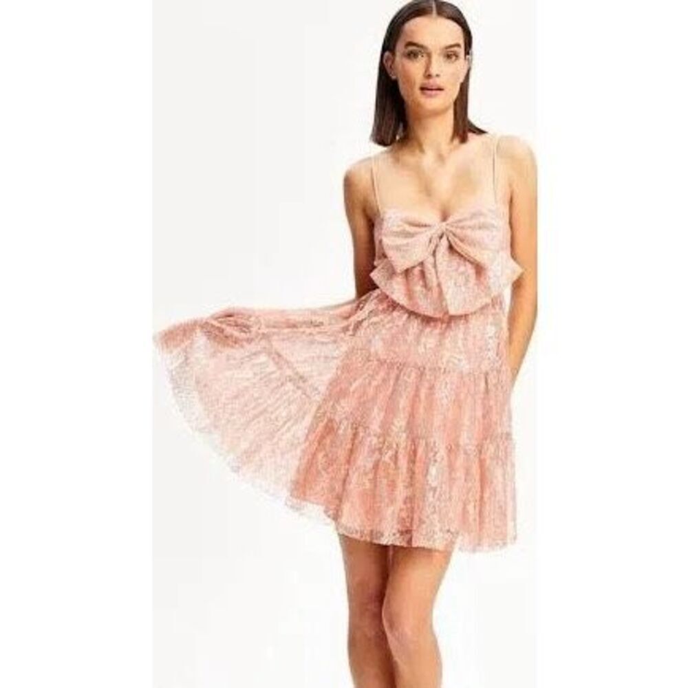 Alice McCall Slow Drive Bow Mini Dress in Blush Pink US 8 Metallic Lace